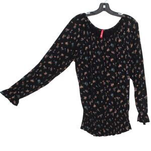 Ruby Ribbon Womens Top Floral Shirred Lettuce Hem Off Shoulder Black Large FA